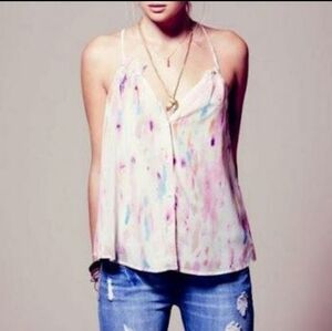 Watercolor pink blue blouse tank layered silk satin women's small